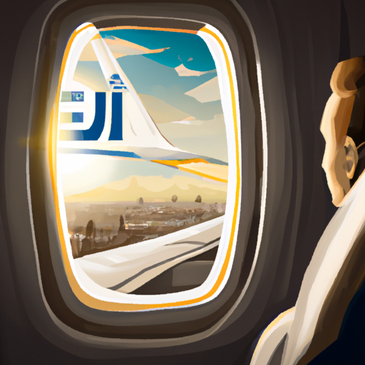 1. מטייל מביט מחלון מטוס אל על, הלוגו של אל על נראה על הכנף.